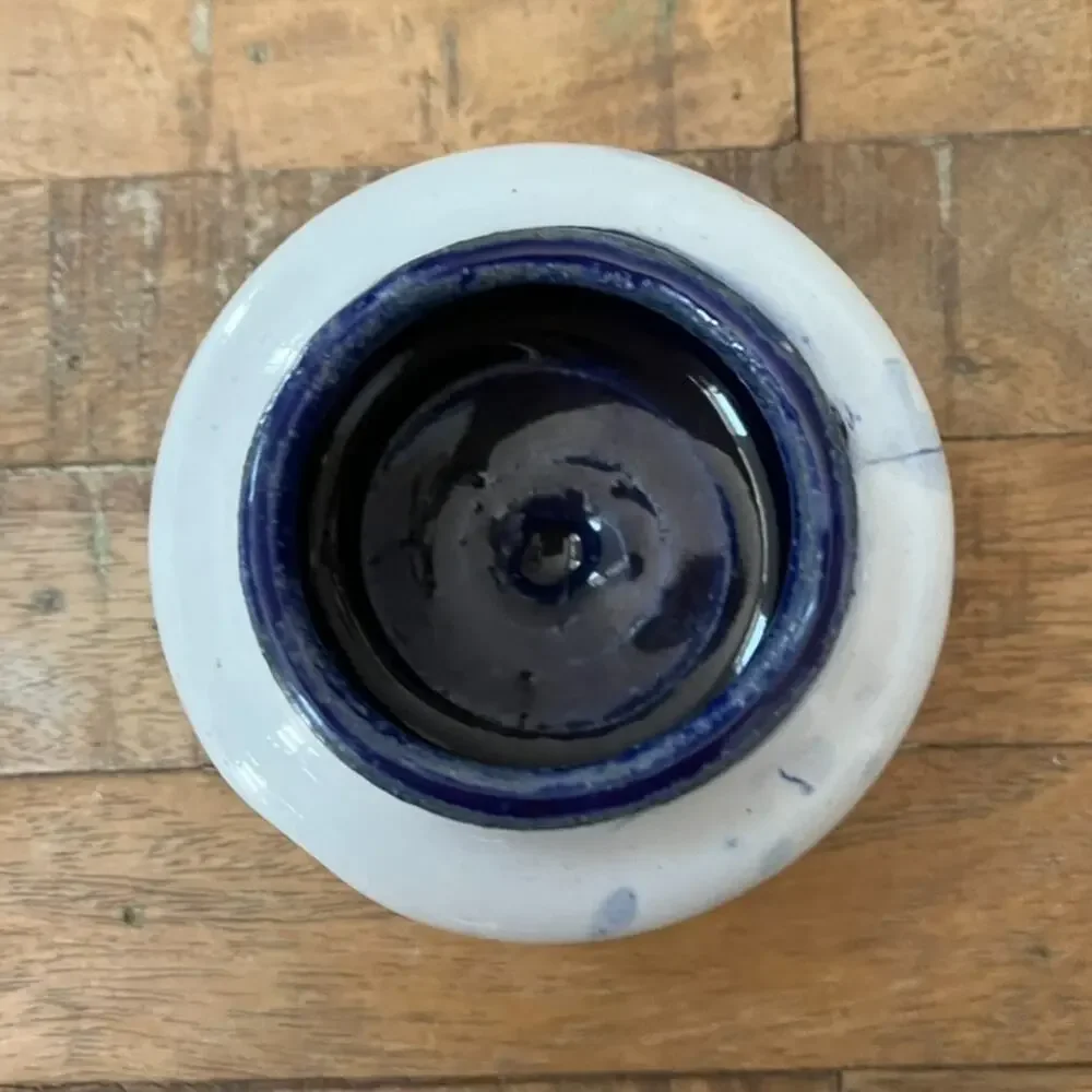 Vintage Studio Art Pottery Bud Vase Blue Rim Textured Glaze